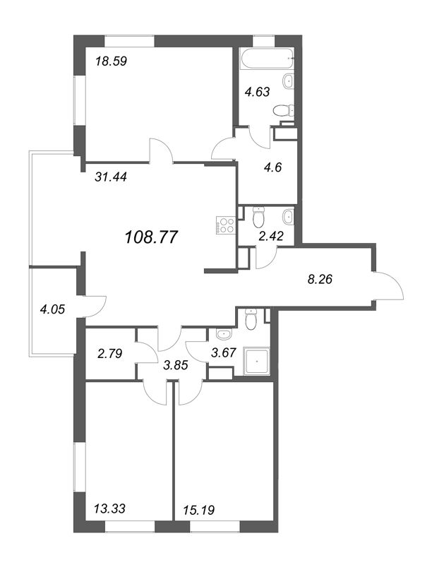 3-комнатная квартира, 108.77 м² - планировка, фото №1