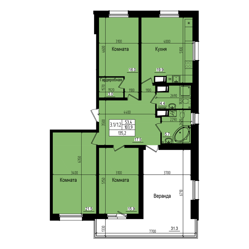 4-комнатная (Евро) квартира, 135.2 м² в ЖК "ПРАГМА СИТИ" - планировка, фото №1
