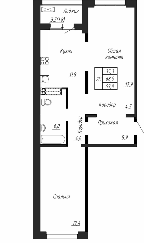 2-комнатная квартира, 69.8 м² - планировка, фото №1