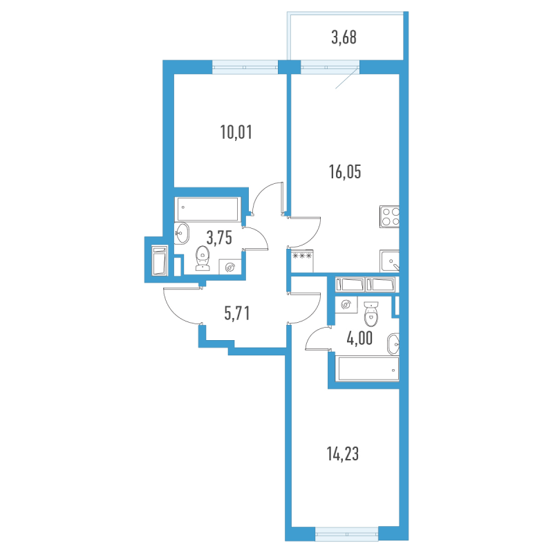3-комнатная (Евро) квартира, 54.85 м² в ЖК "Аэросити" - планировка, фото №1