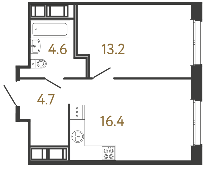 2-комнатная (Евро) квартира, 38.9 м² в ЖК "Передвижники" - планировка, фото №1