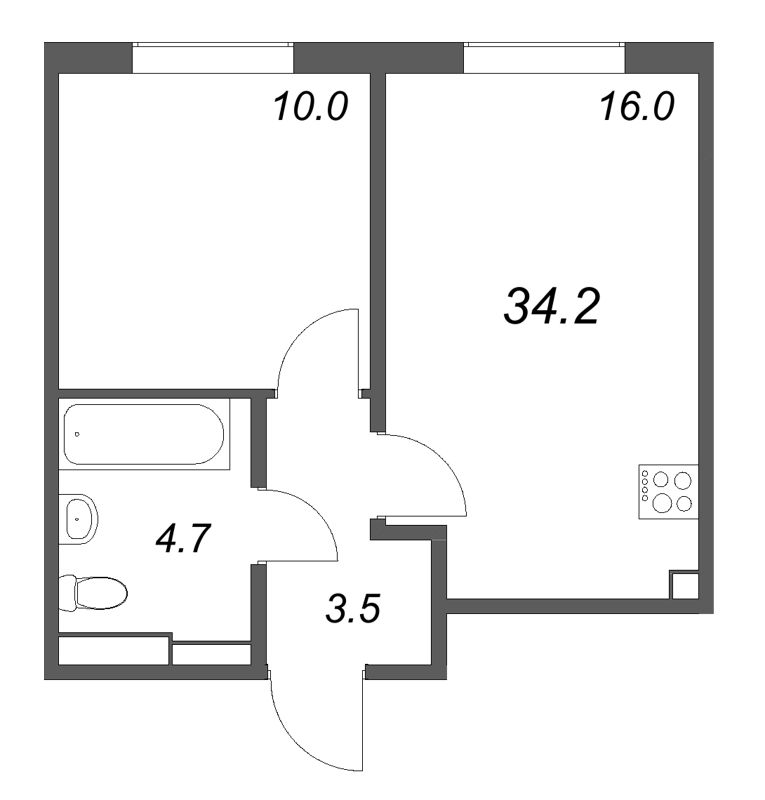 2-комнатная (Евро) квартира, 34.2 м² в ЖК "Пулково Lake" - планировка, фото №1