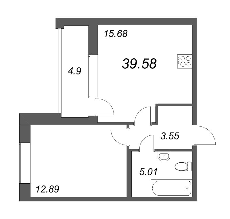 2-комнатная (Евро) квартира, 39.58 м² - планировка, фото №1