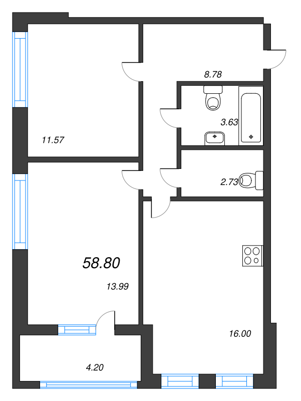 3-комнатная (Евро) квартира, 58.8 м² - планировка, фото №1