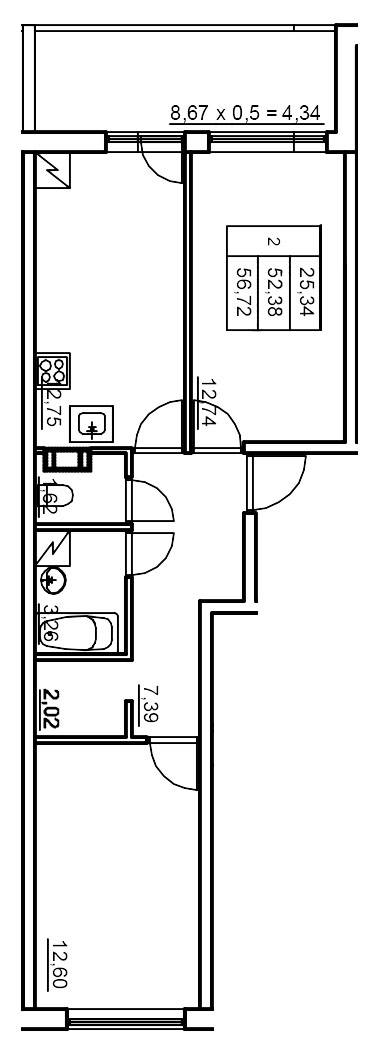2-комнатная квартира, 56.72 м² в ЖК "Панорама Юкки" - планировка, фото №1