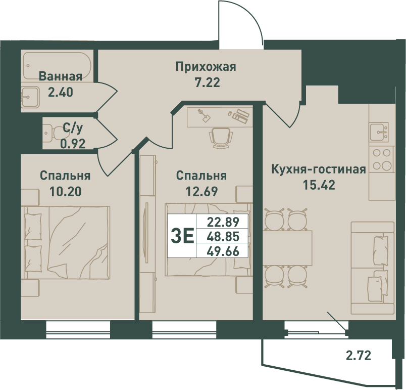 2-комнатная квартира, 49.66 м² в ЖК "Тандем" - планировка, фото №1