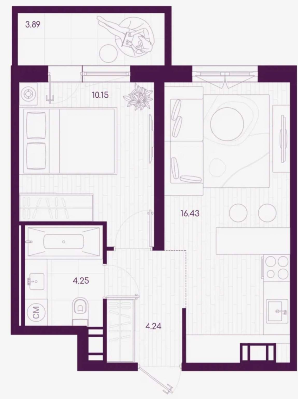 1-комнатная квартира, 36.24 м² - планировка, фото №1