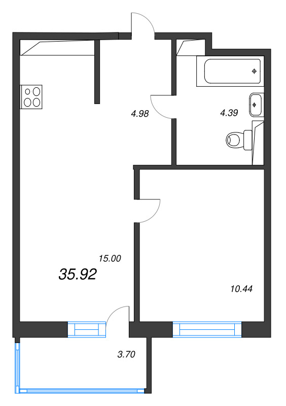 2-комнатная (Евро) квартира, 35.92 м² в ЖК "Окла" - планировка, фото №1