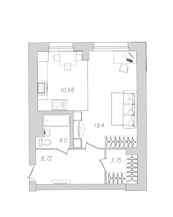 1-комнатная квартира, 46 м² - планировка, фото №1