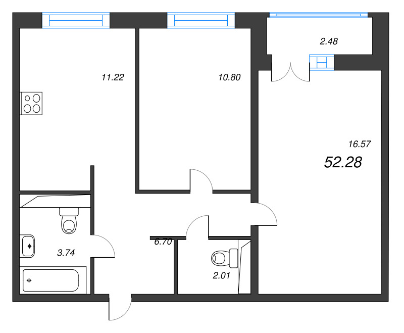 2-комнатная квартира, 52.28 м² в ЖК "Арт Парк" - планировка, фото №1