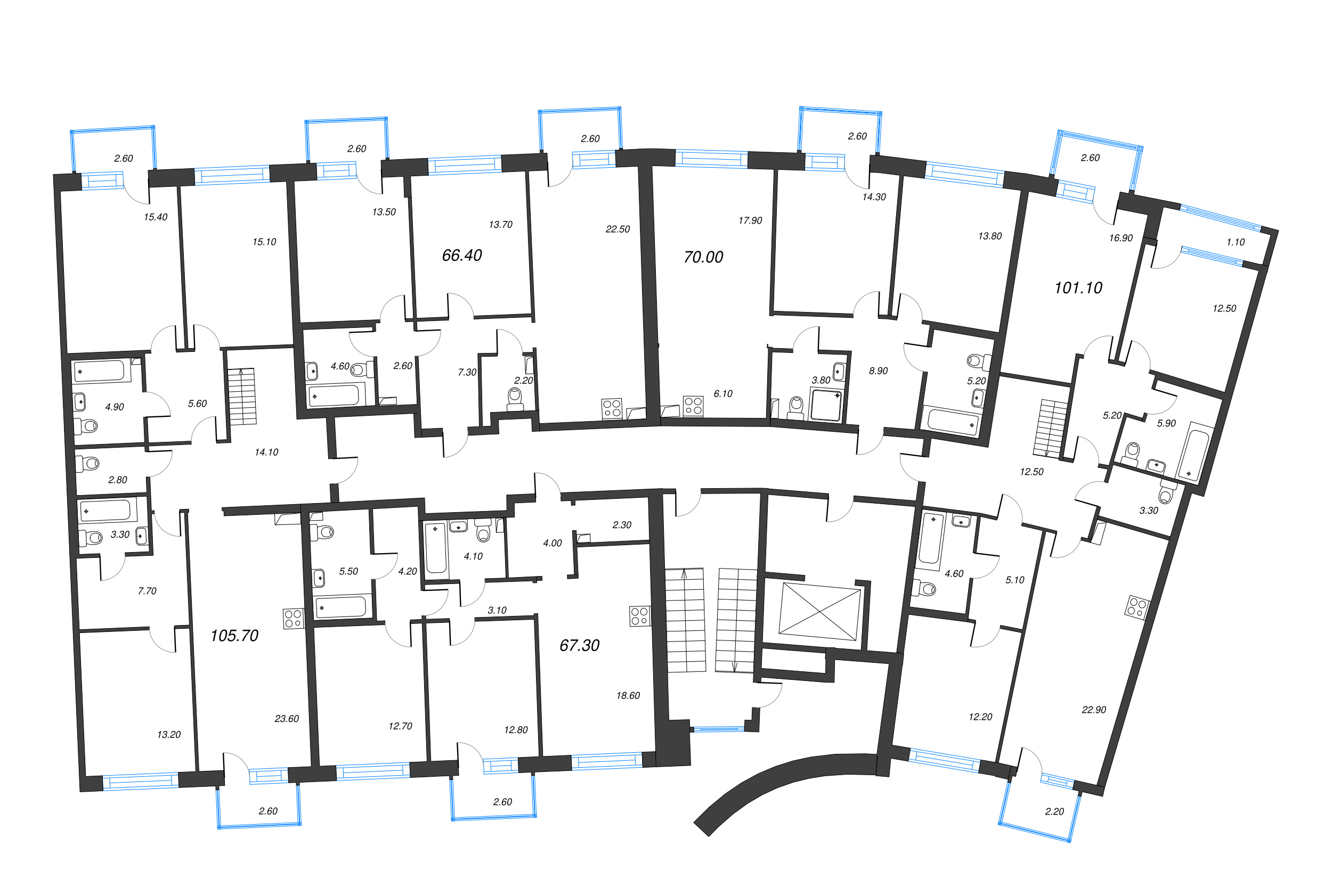 4-комнатная (Евро) квартира, 105.7 м² в ЖК "Цвет Зеленогорска" - планировка этажа