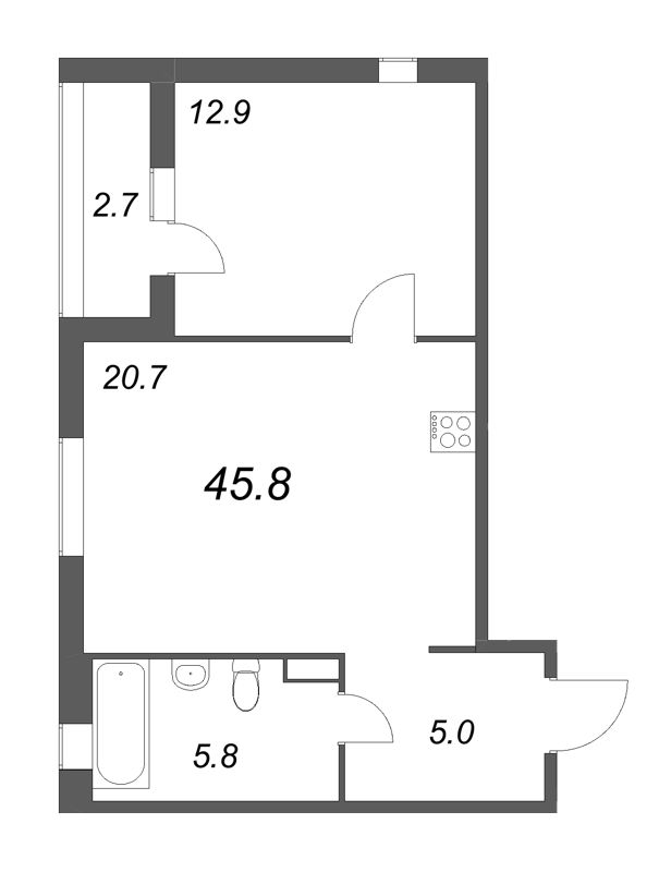 2-комнатная (Евро) квартира, 45.8 м² в ЖК "Дзета" - планировка, фото №1