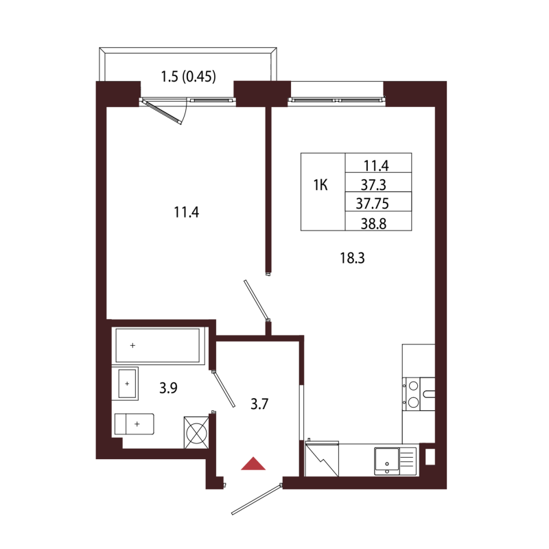 2-комнатная (Евро) квартира, 37.75 м² в ЖК "Лисино" - планировка, фото №1