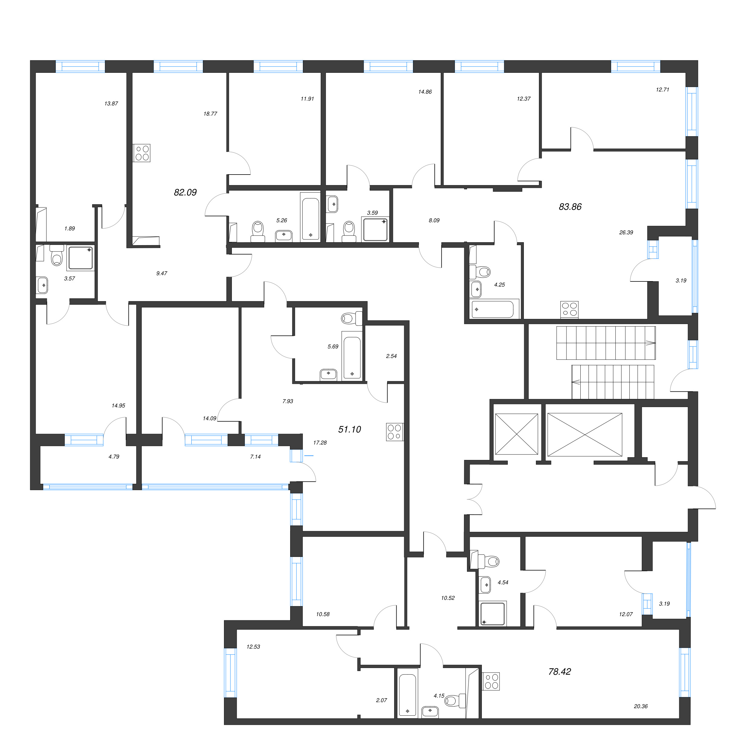 2-комнатная (Евро) квартира, 51.1 м² - планировка этажа