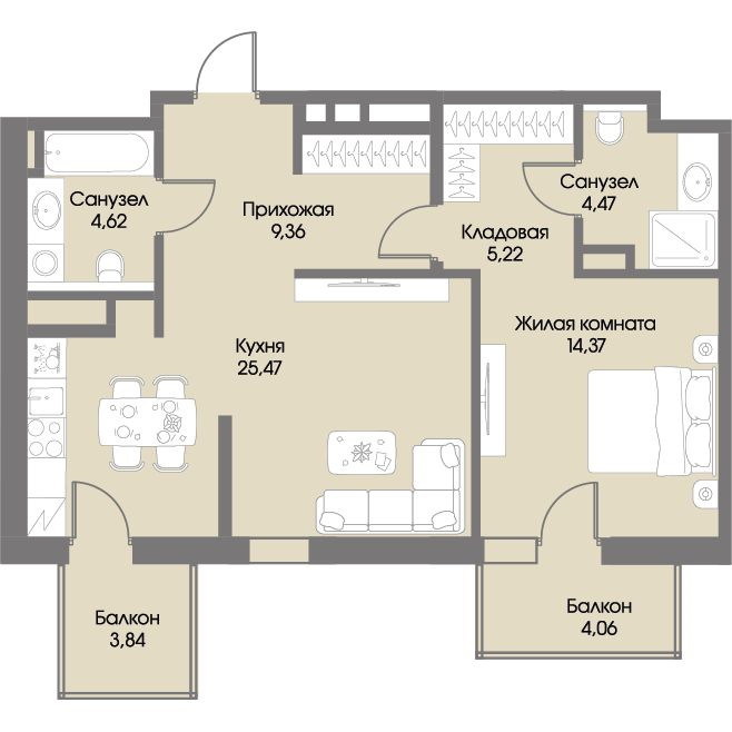2-комнатная (Евро) квартира, 65.88 м² в ЖК "Рощино Residence" - планировка, фото №1