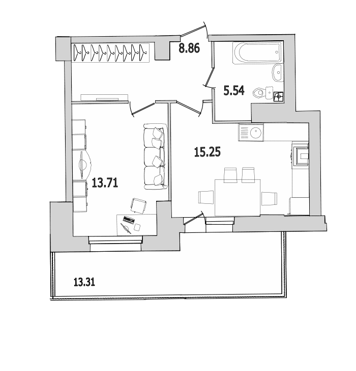2-комнатная (Евро) квартира, 47.4 м² - планировка, фото №1