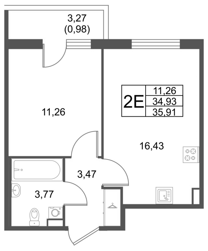 2-комнатная (Евро) квартира, 35.91 м² в ЖК "Лето" - планировка, фото №1