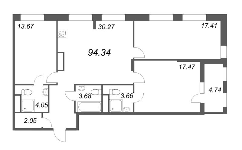 4-комнатная (Евро) квартира, 94.34 м² - планировка, фото №1