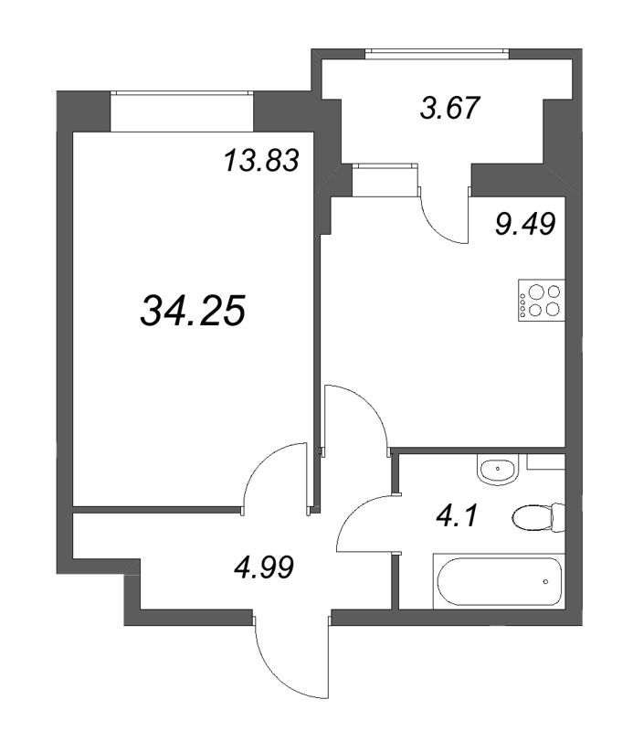 1-комнатная квартира, 34.25 м² - планировка, фото №1