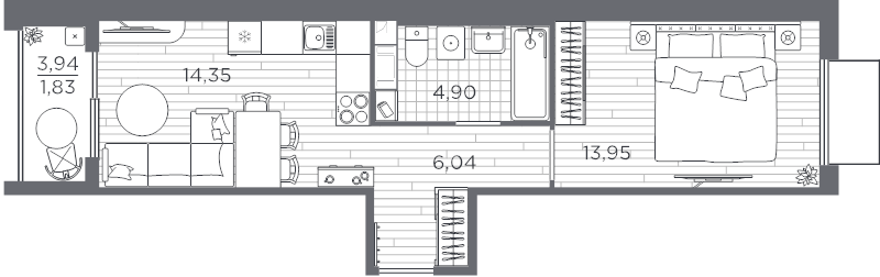 2-комнатная (Евро) квартира, 41.07 м² в ЖК "PLUS Пулковский" - планировка, фото №1