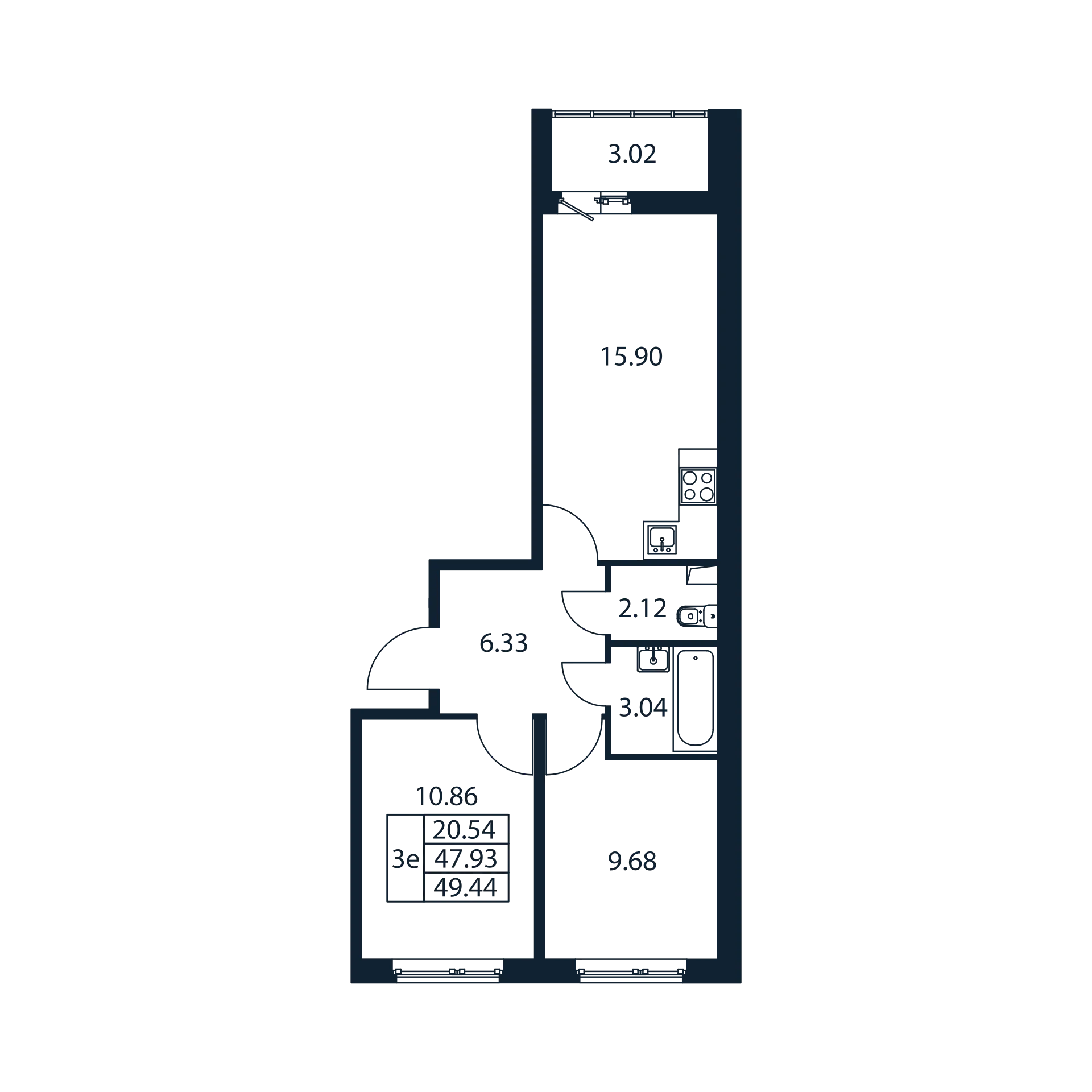 3-комнатная (Евро) квартира, 47.93 м² - планировка, фото №1