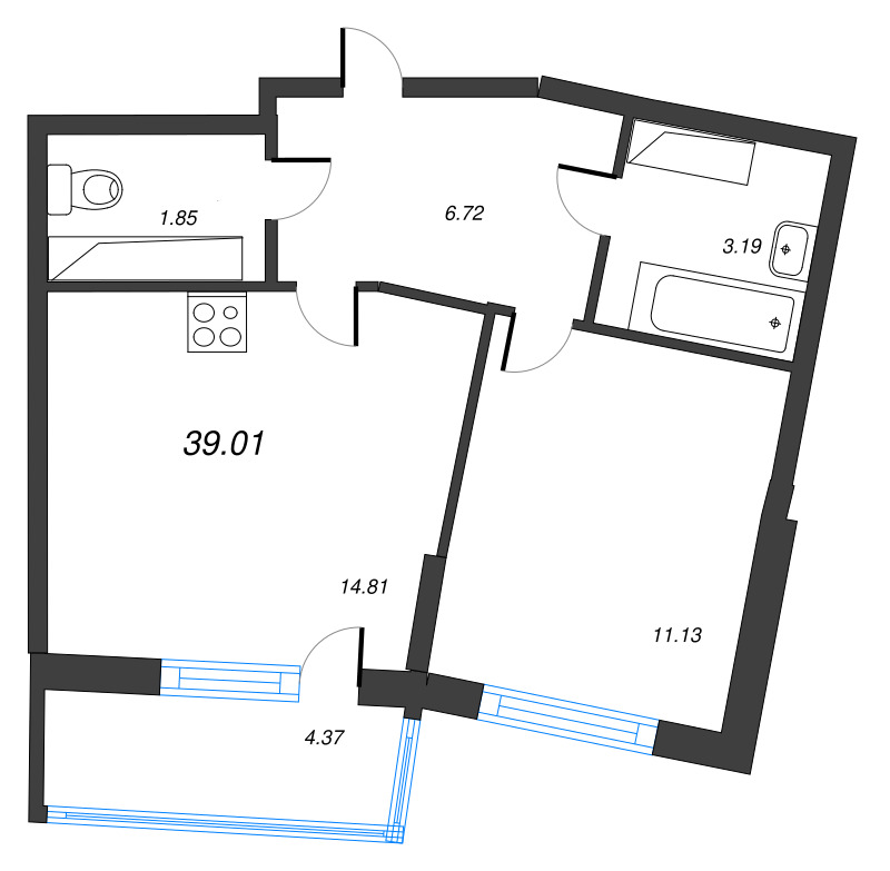 2-комнатная (Евро) квартира, 39 м² - планировка, фото №1