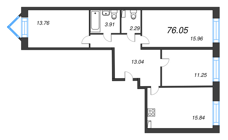 4-комнатная (Евро) квартира, 76.05 м² в ЖК "Остров Первых" - планировка, фото №1