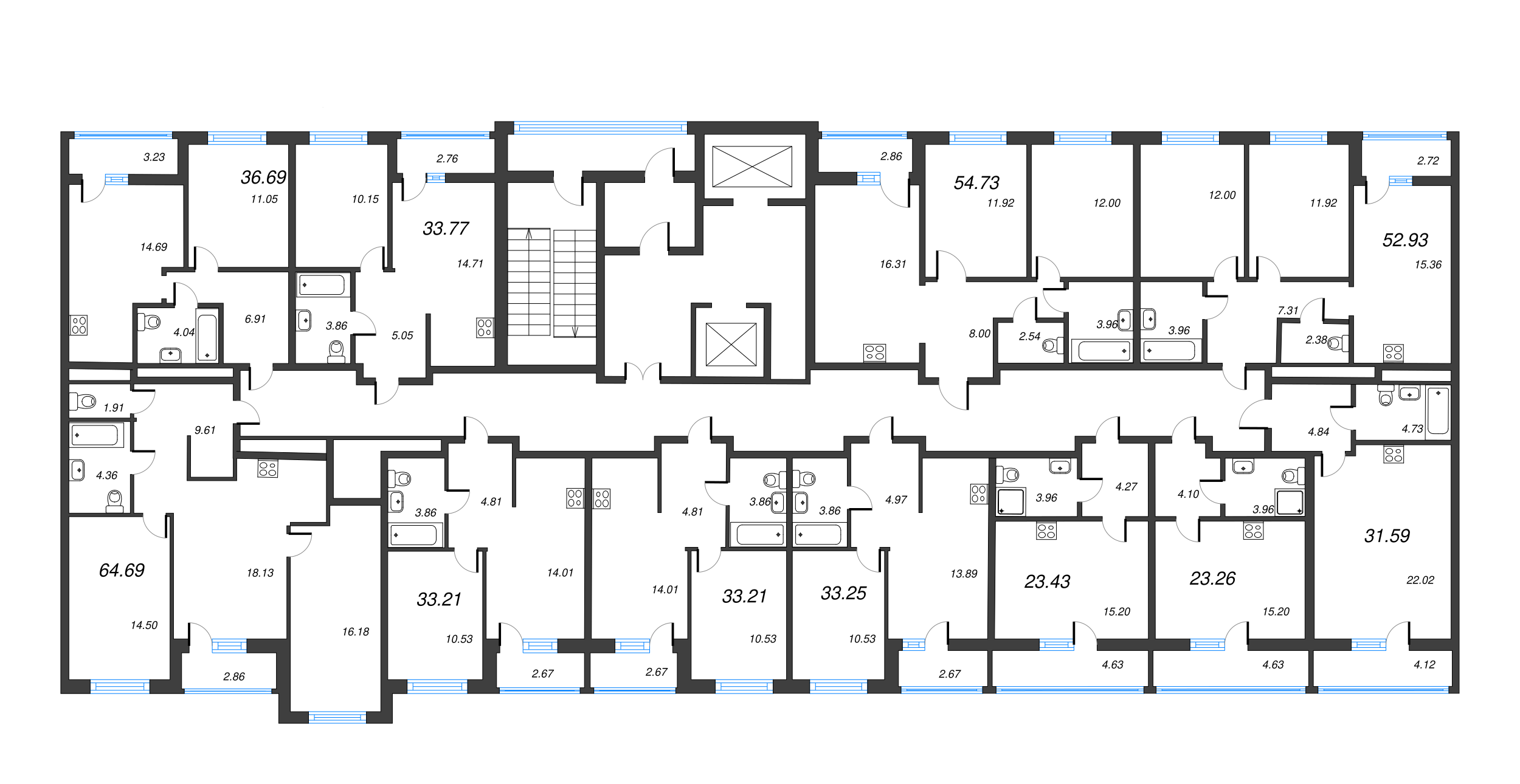 2-комнатная (Евро) квартира, 33.25 м² в ЖК "Город Первых" - планировка этажа