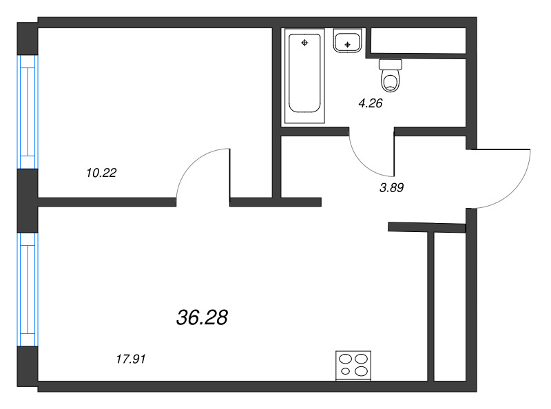 2-комнатная (Евро) квартира, 36.28 м² в ЖК "Legenda Васильевского" - планировка, фото №1