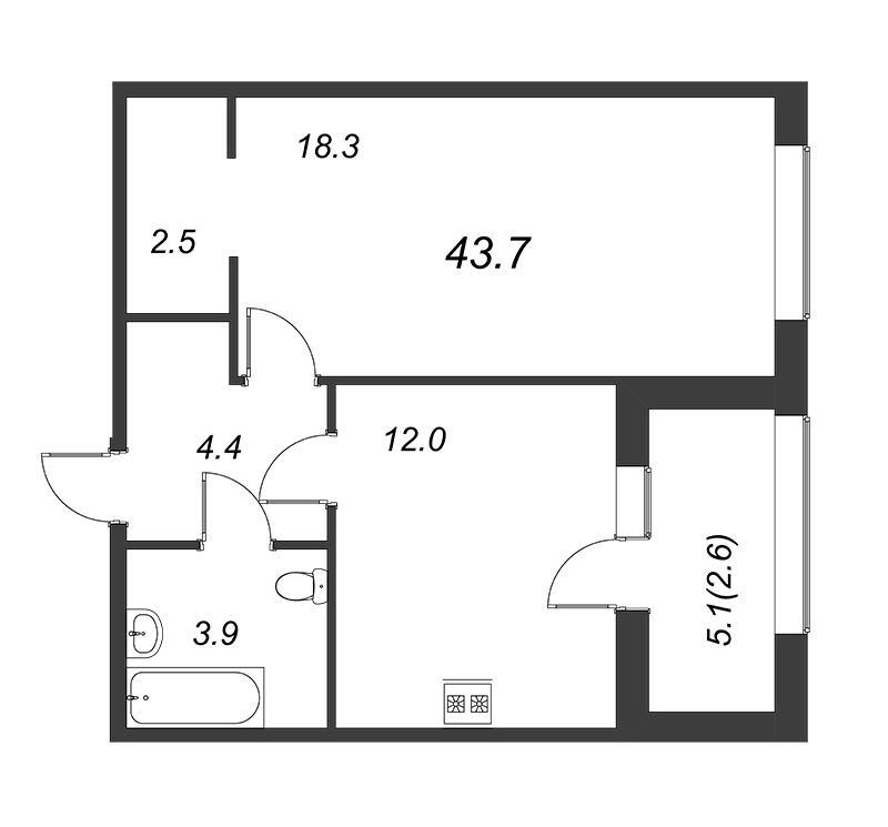 1-комнатная квартира, 43.6 м² - планировка, фото №1
