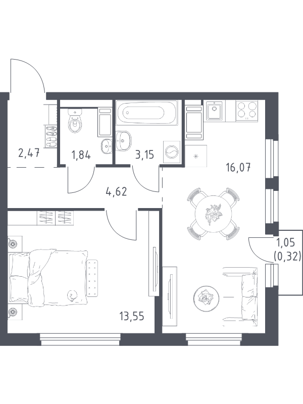 2-комнатная (Евро) квартира, 42.02 м² в ЖК "Новое Колпино" - планировка, фото №1