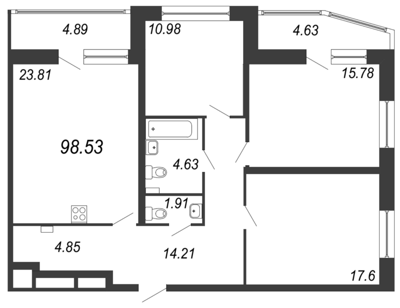 4-комнатная (Евро) квартира, 94 м² в ЖК "Звезды Столиц" - планировка, фото №1