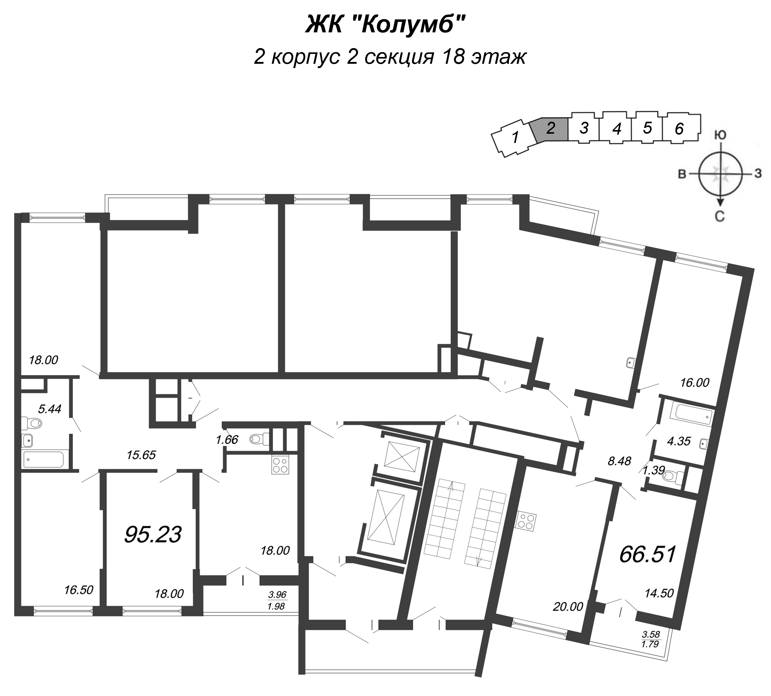 4-комнатная (Евро) квартира, 96.4 м² - планировка этажа