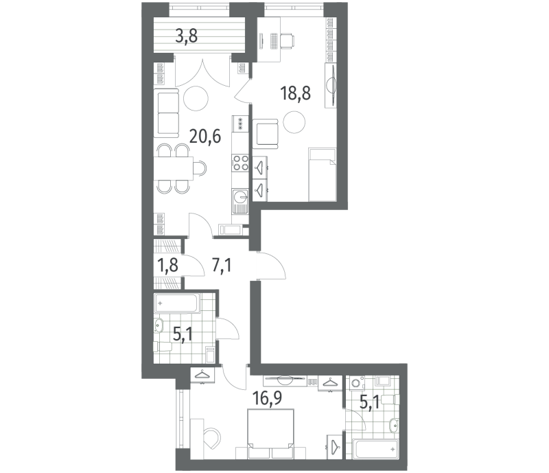 3-комнатная (Евро) квартира, 77.3 м² в ЖК "Наука" - планировка, фото №1