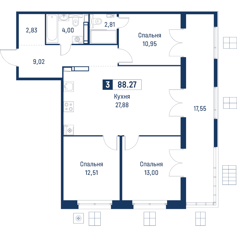 4-комнатная (Евро) квартира, 88.27 м² в ЖК "Символист" - планировка, фото №1