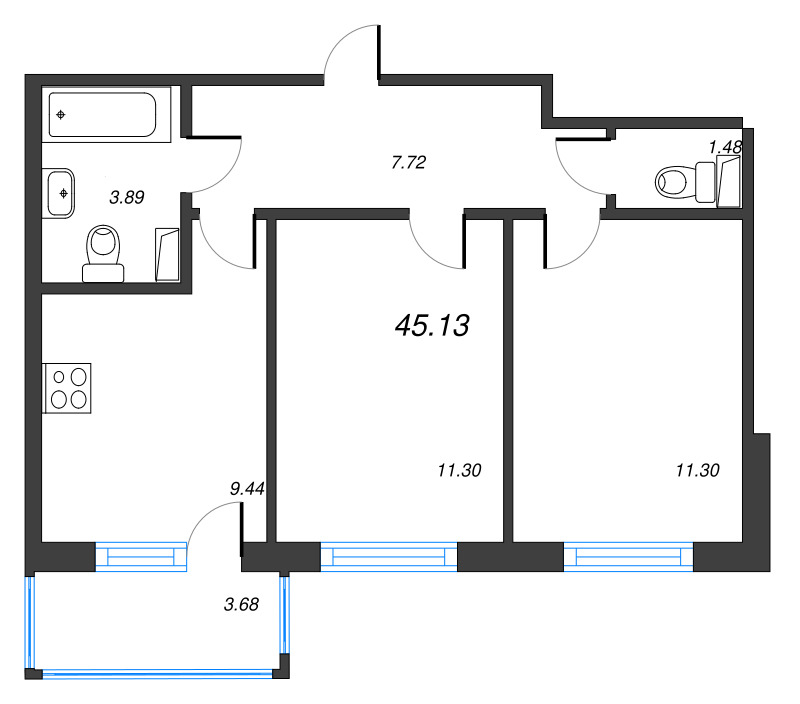 2-комнатная квартира, 45.13 м² - планировка, фото №1