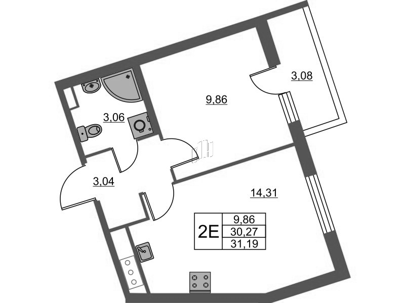2-комнатная (Евро) квартира, 31.19 м² в ЖК "Лето" - планировка, фото №1