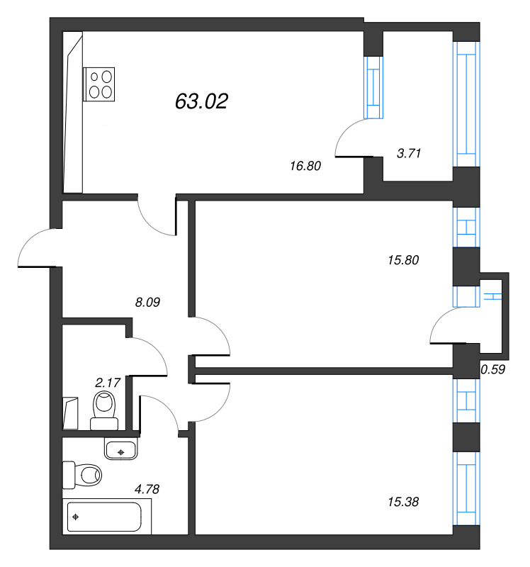 3-комнатная (Евро) квартира, 65.06 м² в ЖК "Кронфорт. Центральный" - планировка, фото №1