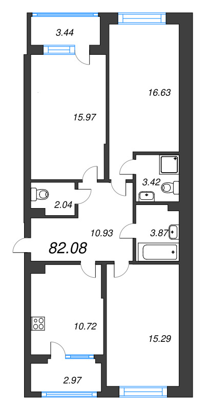 3-комнатная квартира, 82.08 м² в ЖК "Охтинские высоты" - планировка, фото №1
