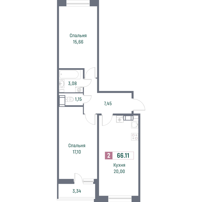 3-комнатная (Евро) квартира, 66.11 м² - планировка, фото №1