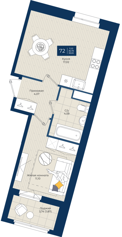 2-комнатная (Евро) квартира, 38.65 м² - планировка, фото №1