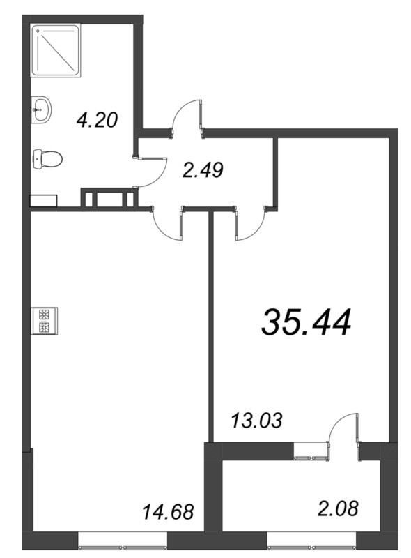 2-комнатная (Евро) квартира, 35.44 м² - планировка, фото №1