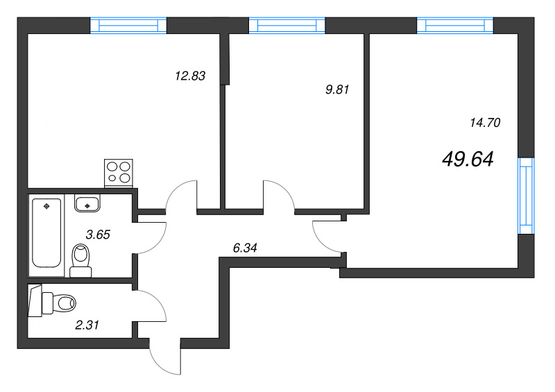 2-комнатная квартира, 49.64 м² - планировка, фото №1