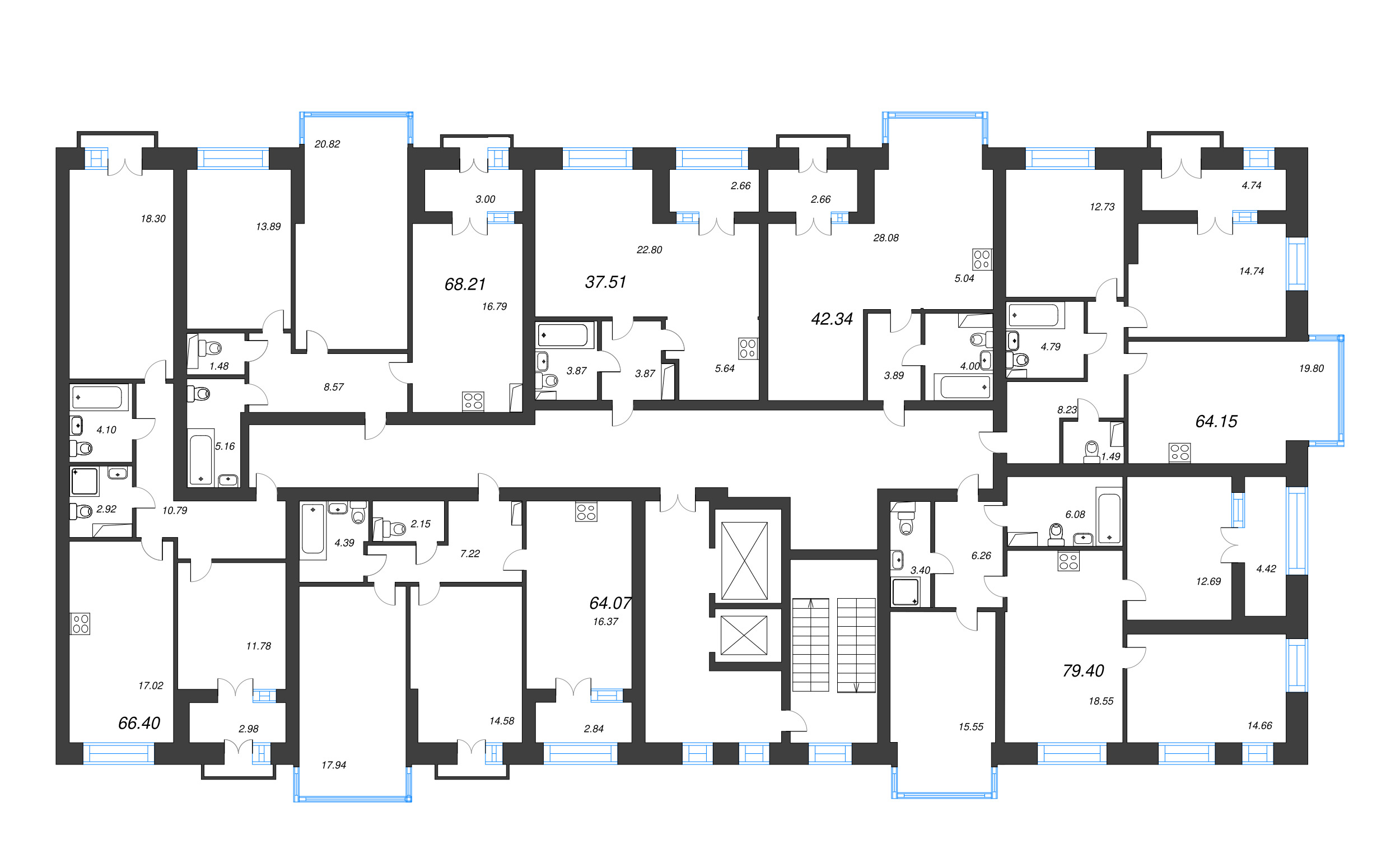 3-комнатная (Евро) квартира, 66.4 м² в ЖК "Наука" - планировка этажа