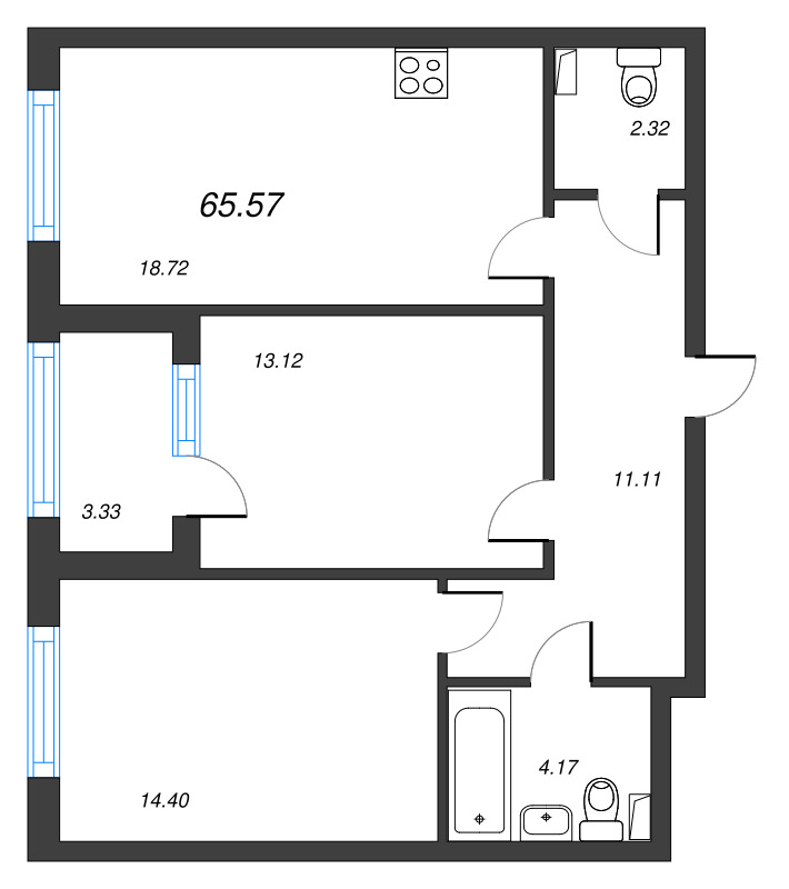 3-комнатная (Евро) квартира, 65.57 м² в ЖК "Кронфорт. Центральный" - планировка, фото №1