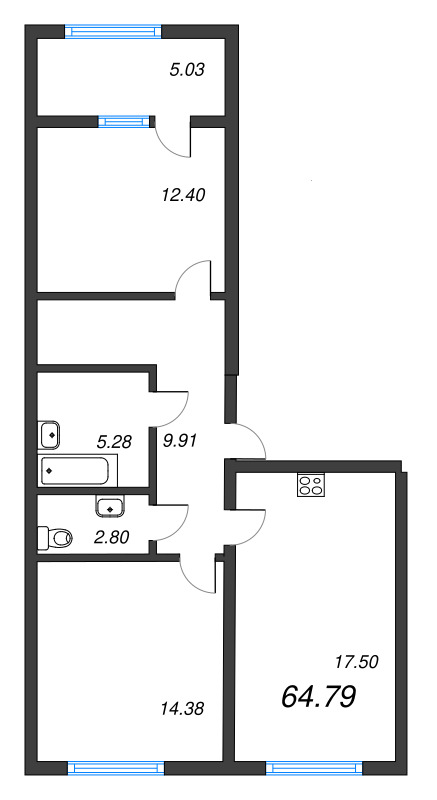 3-комнатная (Евро) квартира, 64.79 м² - планировка, фото №1