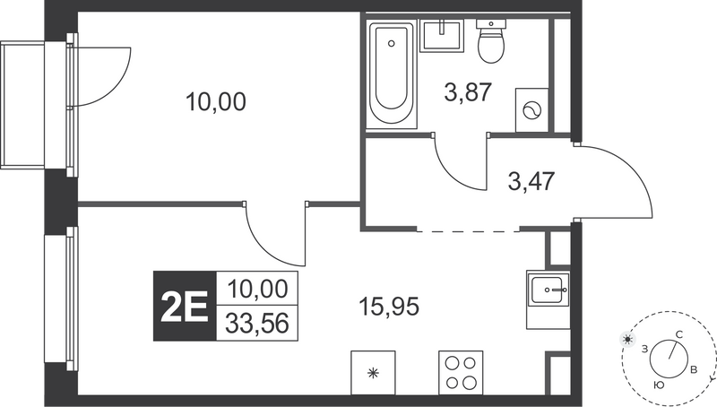 2-комнатная (Евро) квартира, 33.56 м² в ЖК "Слобода" - планировка, фото №1