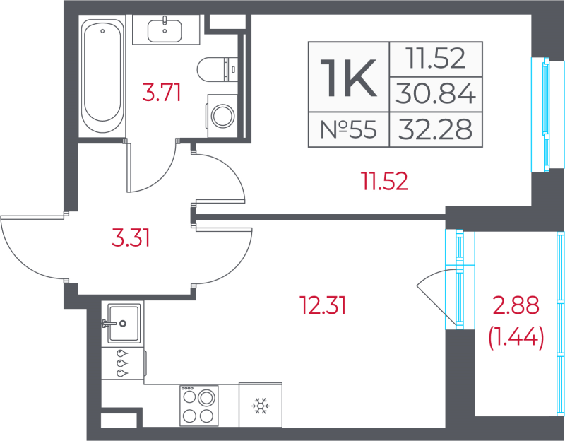 1-комнатная квартира, 32.28 м² в ЖК "Город-спутник Южный" - планировка, фото №1