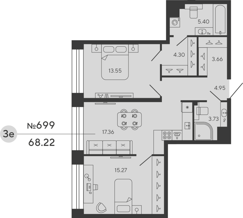 3-комнатная (Евро) квартира, 68.22 м² в ЖК "Bashni Element" - планировка, фото №1
