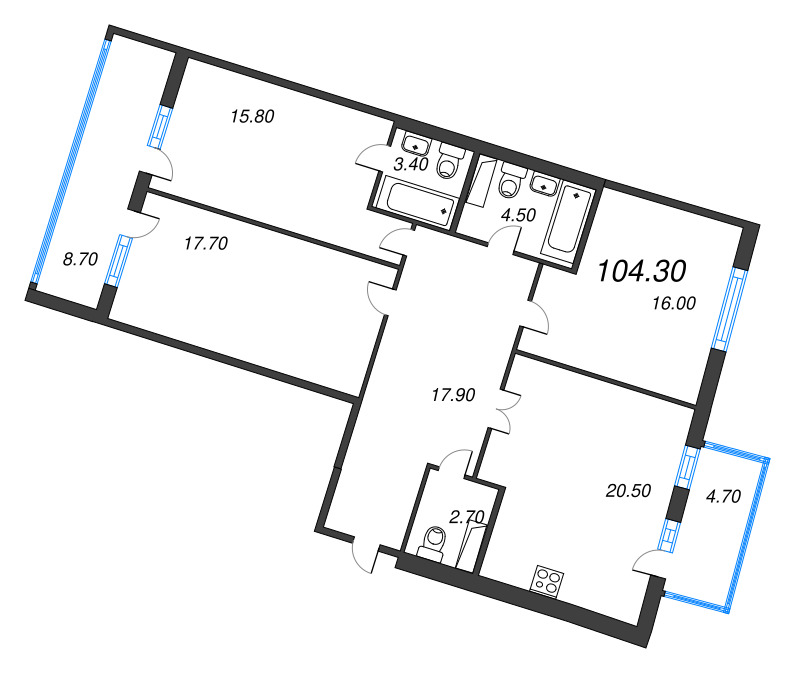 3-комнатная квартира, 104.3 м² - планировка, фото №1